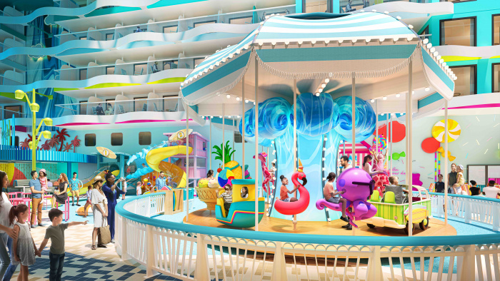 December 2022 – In Surfside on the new Icon of the Seas, the neighborhood dedicated to young families, little ones can set their sights on new twists to favorites like a beach-themed carousel. More in store includes a slideable, climbable Playscape and the Splashaway Bay aquapark. 