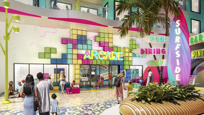 December 2022 – Adults and kids alike have a lineup of ways to bond as a family in Surfside, the new neighborhood dedicated to young families on Icon of the Seas. Adventures include a variety of games at the Arcade, like retro-style favorites, a reimagined beach-themed carousel, Splashaway Bay kids aquapark and more.