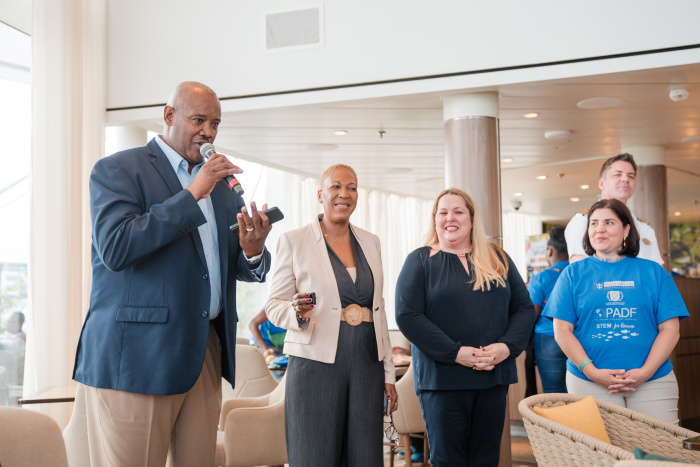 December 2022 – Minister of State for the Environment and Natural Resources Vaughn Miller makes opening remarks to STEM for Ocean students with Royal Caribbean Group’s Regional Vice President of Government Relations for the Bahamas and Caribbean Wendy McDonald, Royal Caribbean Group’s Associate Vice President of Community and Destination Engagement Helen O’Connell, and Pan American Development Foundation’s Senior Project Lead Luisa Villegas.