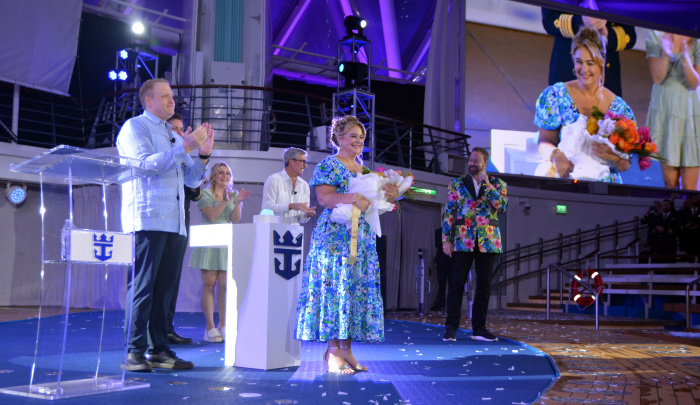 December 2022 – In a celebration fit for the world’s newest wonder, Royal Caribbean International officially welcomed Wonder of the Seas into the family in its new year-round home of Port Canaveral, Florida. Godmother and Wonder Mom from Pennsylvania Marie McCrea bestowed a blessing of safekeeping on the new ship, its crew and all who sail on it. In the one-of-a-kind AquaTheater, she was joined by Royal Caribbean Group President and CEO Jason Liberty, Royal Caribbean International President and CEO Michael Bayley, and her daughter, Allie, who nominated her for the role as part of the TikTok search launched by the cruise line.