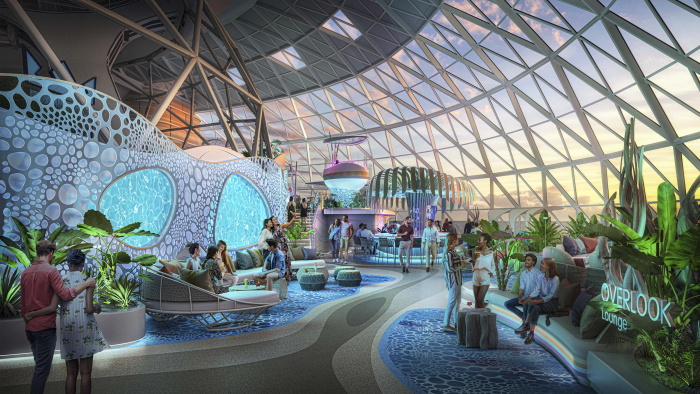 March 2023 – Taking nights out and hangouts to a new level on Icon of the Seas are The Overlook lounge and pods – the first of their kind at sea – in AquaDome. Vacationers can enjoy wraparound ocean views by day, and at night, Royal Caribbean’s marquee aqua shows are just steps away.
