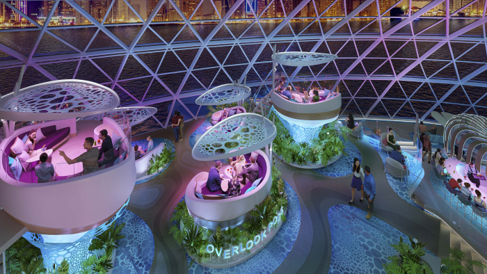 March 2023 – Taking nights out and hangouts to a new level on Icon of the Seas are The Overlook lounge and pods – the first of their kind at sea – in AquaDome. Vacationers can enjoy wraparound ocean views by day, and at night, Royal Caribbean’s marquee aqua shows are just steps away.