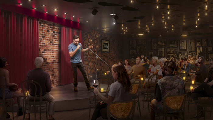 March 2023 – Inspired by Manhattan’s dark and intimate comedy clubs, The Attic in the next-level Royal Promenade on Icon of the Seas is where comedians put on an adults-only live show for vacationers.