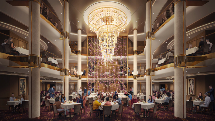 May 2023 – The three-level Dining Room on Icon of the Seas features Royal Caribbean’s signature recipes of rotating flavors from around the world, alongside tried-and-true favorites.