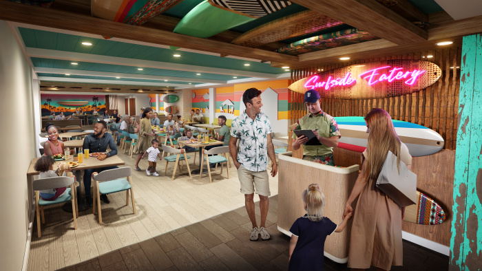 May 2023 – Surfside Eatery is the new buffet dedicated to families in Surfside, the stay-all-day neighborhood for young families on Icon of the Seas. There are options for all ages to enjoy at breakfast, lunch and dinner – even twists on kids classics for the grownups.