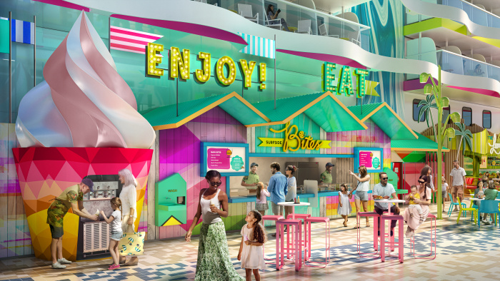 May 2023 – The new Surfside Bites on Icon of the Seas is the pit stop between adventures in Surfside, the neighborhood made for young families. The walkup window has snacks like burgers, popcorn chicken, cinnamon-sugar donut holes and more.