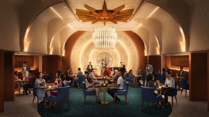 May 2023 – Near the lush Central Park neighborhood on Icon of the Seas, the new Empire Supper Club is an extravagant eight-course experience with a taste of old New York. On the menu is premium American cuisine – from caviar to wagyu – a drink paired with every dish and tunes from a swanky three-piece band.