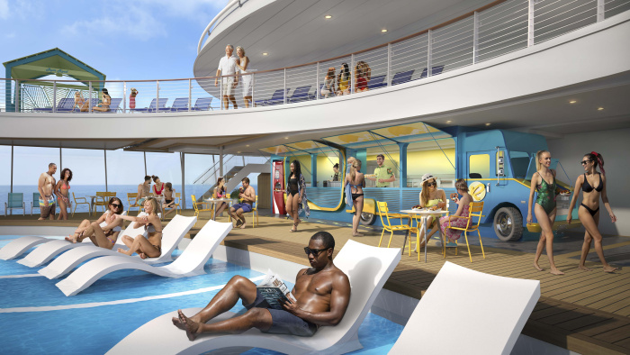 June 2023 – The poolside food truck on Royal Caribbean’s Utopia of the Seas is a brand-new spot in the heart of the pool deck that serves up quick, casual bites for vacationers to refuel and enjoy their pool days nonstop.