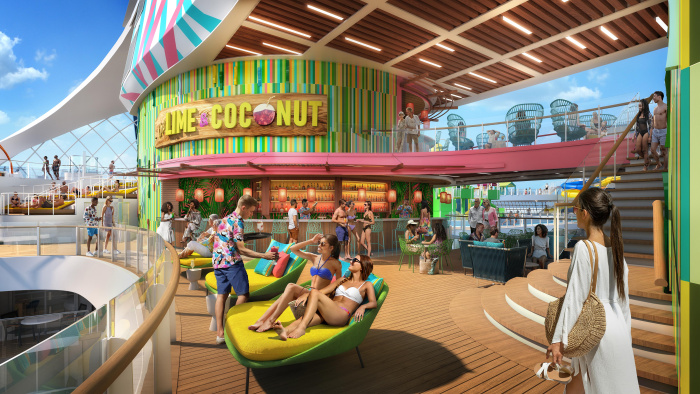 June 2023 – At the center of the action on the pool deck aboard Royal Caribbean’s Utopia of the Seas are three Lime & Coconut bars. It’s all about the weekend energy and Caribbean vibes with live music and tropical cocktails, and nearby are casual spots to grab a bite, like Mexican street food at El Loco Fresh and handheld favorites at the new poolside food truck.