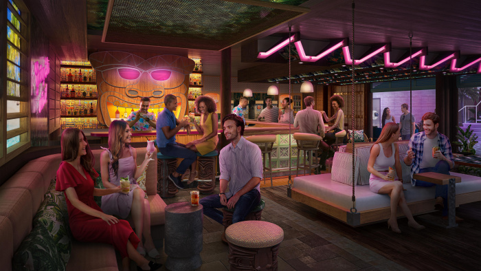 June 2023 – In the lineup of 40-plus ways to dine, drink and dance on Royal Caribbean’s new Utopia of the Seas is the brand-new Pesky Parrot. The new Caribbean tiki bar on the Royal Promenade will serve up fruit-based cocktails, frozen drinks and surprises.
