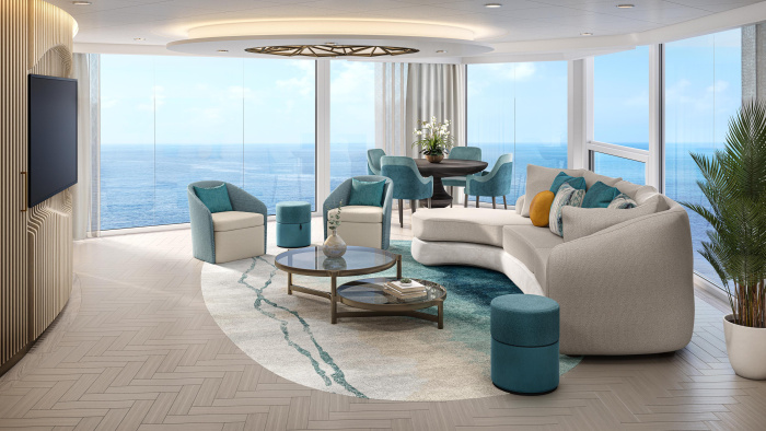 June 2023 – In the lineup of 20-plus types of rooms on Royal Caribbean’s Utopia of the Seas, the all-new Solarium Suites high up at the front of the ship feature panoramic views that open up to the ocean breeze at the push of a button, a living and dining area, the VIP Royal Suite Class experience and more.