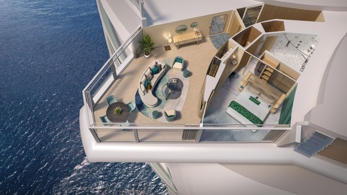 June 2023 – In the lineup of 20-plus types of rooms on Royal Caribbean’s Utopia of the Seas, the all-new Solarium Suites high up at the front of the ship feature panoramic views that open up to the ocean breeze at the push of a button, a living and dining area, the VIP Royal Suite Class experience and more.