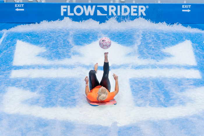 June 2023 – Freestyle football world champion Liv Cooke puts her skills to the test on one of two FlowRider surf simulators after securing her seventh world record title on board Royal Caribbean’s Symphony of the Seas.”