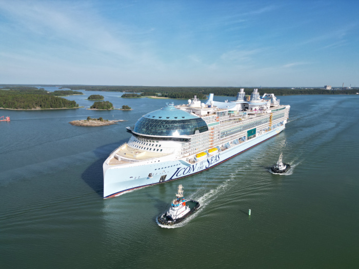 June 2023 – Royal Caribbean International’s Icon of the Seas is on the move to sail the open ocean for the first time and reach its next construction milestone. Ahead of a highly anticipated debut in January 2024, the first-of-its-kind vacation left the Meyer Turku shipyard – where it’s under construction in Turku, Finland – to begin its multiday sea trials. On board are more than 450 specialists carrying out crucial, preliminary tests with Icon’s main engines, hull, lifeboats, thrusters and more in preparation for the new ship’s second round of sea trials later this year, where it will be pushed to its limits.