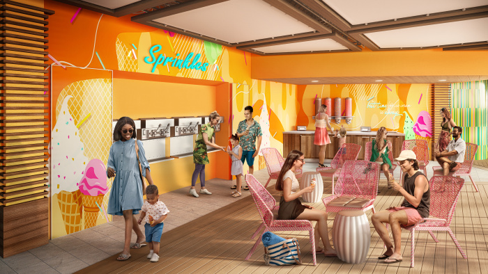 June 2023 – Ice cream poolside is sweeter than ever on Utopia of the Seas. A longtime favorite, Sprinkles sports a new sprinkles bar with different types of sprinkle toppings to go with a choice of three ice cream flavors - vanilla, chocolate, strawberry or a mix.