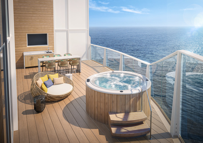 June 2023 – The luxe Royal Loft Suite is one of 20-plus types of rooms on Royal Caribbean’s new Utopia of the Seas. A group of six friends can find their “me time” and unwind on the private balcony with a whirlpool, TV and sweeping ocean views or in the master loft, the expansive living area, the spacious bathroom’s new spa tub and more.