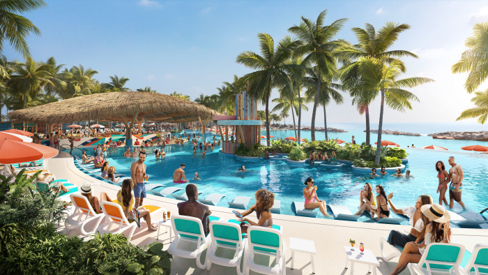 September 2023 – Welcoming adults age 18 and older in January 2024, the new Hideaway Beach will be the first adults-only escape on Royal Caribbean’s award-winning private island – Perfect Day at CocoCay. Vacationers can turn up the celebration at the infinity-edge Hideaway Pool, with all-day tunes from the DJ, a two-level swim-up bar, in-water seating and loungers, poolside loungers and ocean views for days.