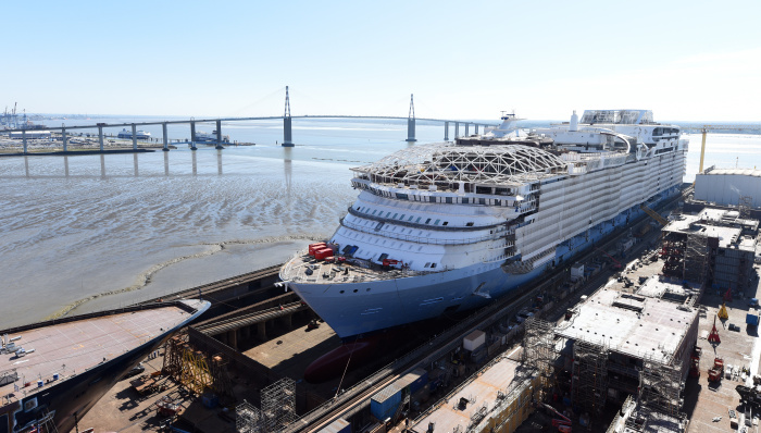 September 2023 – Royal Caribbean International’s new Utopia of the Seas is one step closer to delivering the world’s biggest weekend in July 2024. The game-changing Oasis Class ship floated for the first time as it reached its next major construction milestone at the Chantiers de l’Atlantique shipyard in Saint-Nazaire, France.Credit: Chantiers de l’Atlantique / Bernard Biger