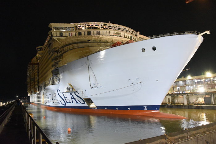 September 2023 – Royal Caribbean International’s new Utopia of the Seas is one step closer to delivering the world’s biggest weekend in July 2024. The game-changing Oasis Class ship floated for the first time as it reached its next major construction milestone at the Chantiers de l’Atlantique shipyard in Saint-Nazaire, France. Credit: Chantiers de l’Atlantique / Bernard Biger