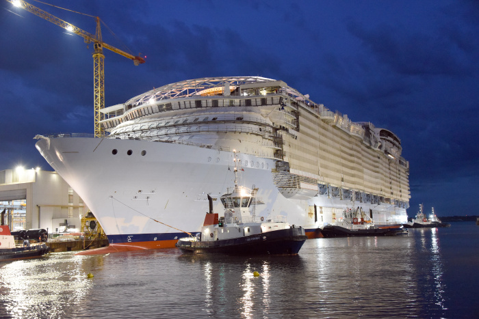 September 2023 – Royal Caribbean International’s new Utopia of the Seas is one step closer to delivering the world’s biggest weekend in July 2024. The game-changing Oasis Class ship floated for the first time as it reached its next major construction milestone at the Chantiers de l’Atlantique shipyard in Saint-Nazaire, France. Credit: Chantiers de l’Atlantique / Bernard Biger