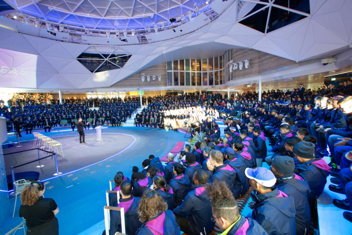 After 900 days of construction, Royal Caribbean International welcomes the highly anticipated Icon of the Seas to the family in a celebration with more than 1,200 crew members, workers and executives just two months before its January 2024 debut.  (Image at LateCruiseNews.com - November 2023)