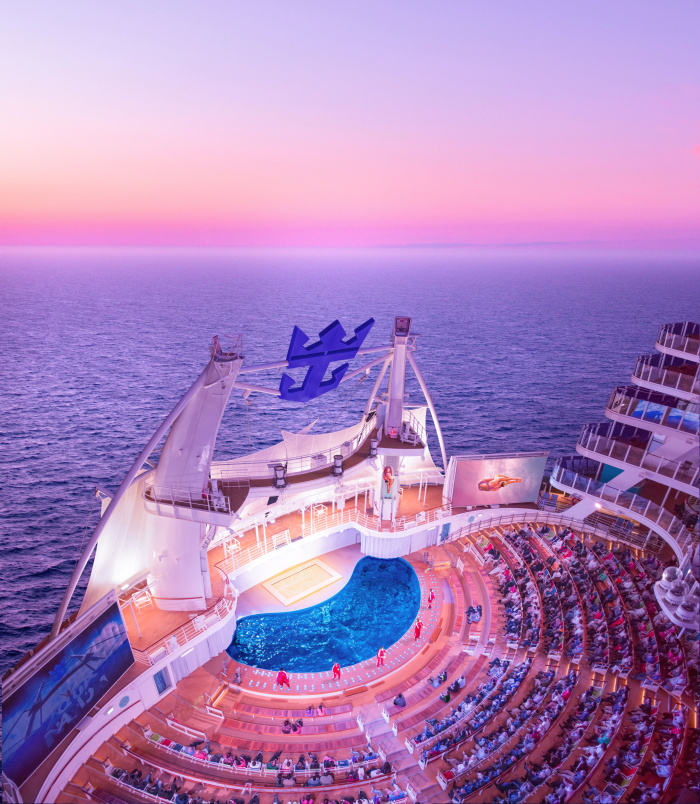 The signature AquaTheater on Royal Caribbean ships feature breathtaking ocean views and deck-defying aqua performances with high divers, slackliners, aerialists, synchronized swimmers and more.