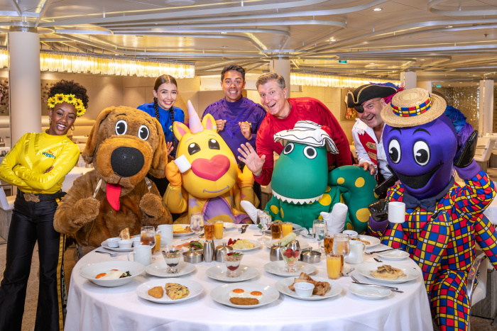 March 2024 - Two iconic family brands, Royal Caribbean International and The Wiggles, are coming together to create the ultimate family holiday in Australia. The Wiggles and the popular cast of the Wiggly Friends enjoy breakfast in the dining room on Royal Caribbean’s Ovation of the Seas.