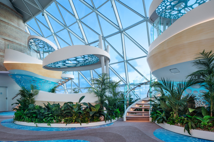 Taking nights out and hangouts to a new level on Star of the Seas is The Overlook in AquaDome. By day and night, vacationers can enjoy wraparound ocean views from The Overlook Pods, bites and drinks at spots like the AquaDome Market and the Rye & Bean coffee bar, and Royal Caribbean's marquee aqua shows at the next-level AquaTheater. 