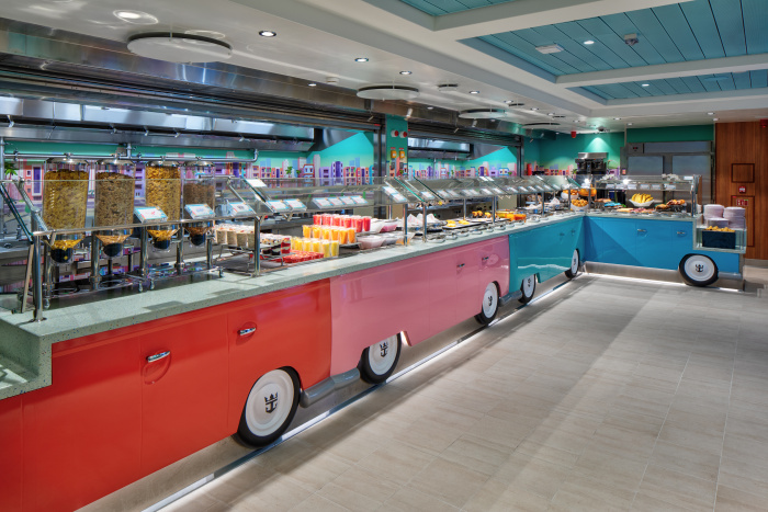 Surfside Eatery on Star of the Seas is Royal Caribbean’s buffet dedicated to families at the stay-all-day neighborhood for families with young kids. There are options for all ages to enjoy at breakfast, lunch and dinner – including twists on kid classics for the adults. 
