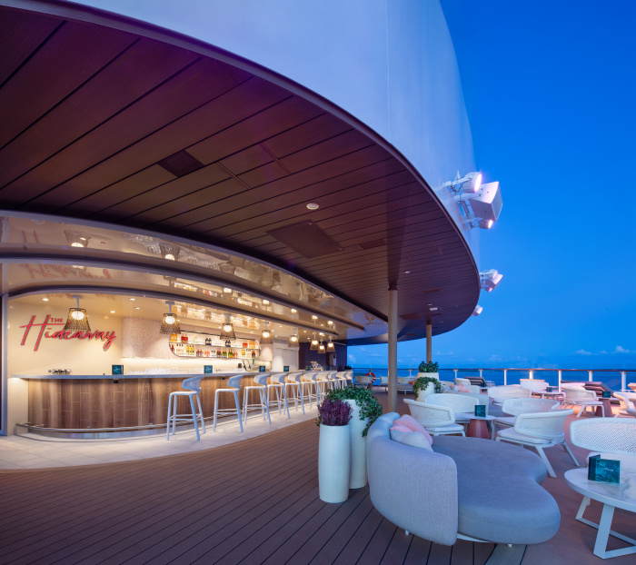 Tucked away 135 feet above the ocean on Royal Caribbean’s Star of the Seas is The Hideaway, an adults-only neighborhood that combines uninterrupted ocean views with beach club vibes. At the center of it all is the only suspended infinity pool at sea, plus a dedicated bar, a DJ and a multilevel terrace with whirlpools and loungers. 