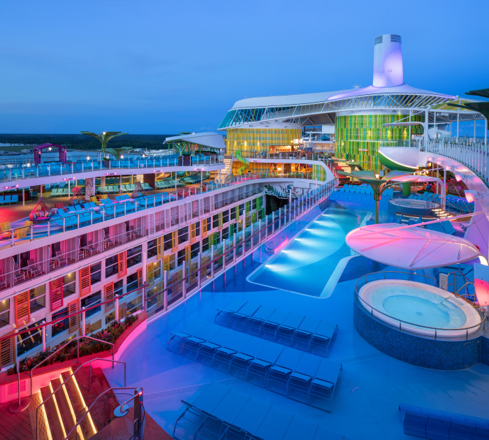 Royal Bay Pool in the Chill Island neighborhood on Icon and Star of the Seas is the largest pool at sea. Vacationers can enjoy island time all the time and take a dip in one of the seven pools on board, which also features whirlpools, in-water loungers and breathtaking views. 