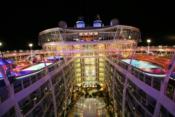 Launch of Royal Caribbean International's newest ship Allure of the Seas. View of Pool deck and Central park.