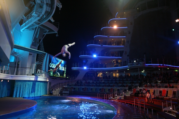 Royal Caribbean's Allure of the Seas features a high diving show, Oceanaria, in the ship's AquaTheater.